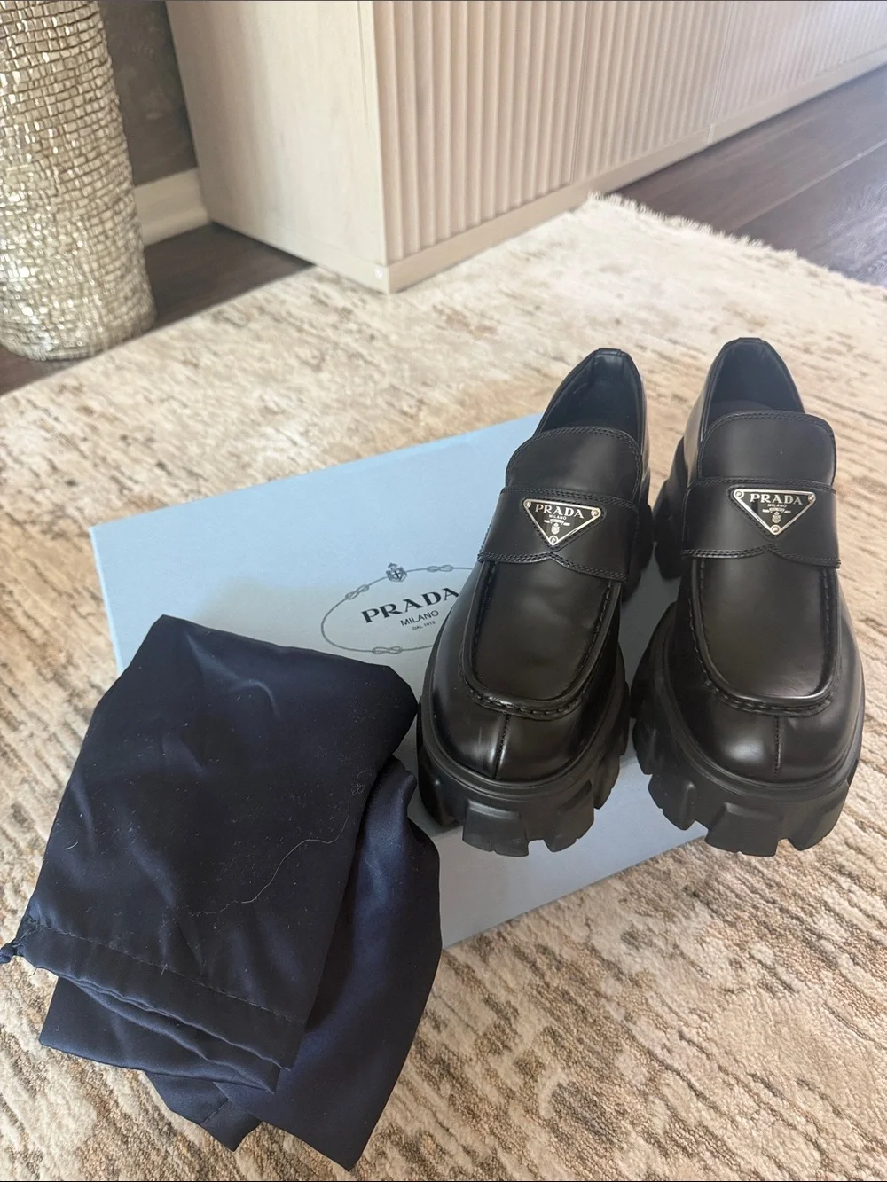 New! Full set Prada Black Leather Lug Sole Slip-On Loafers